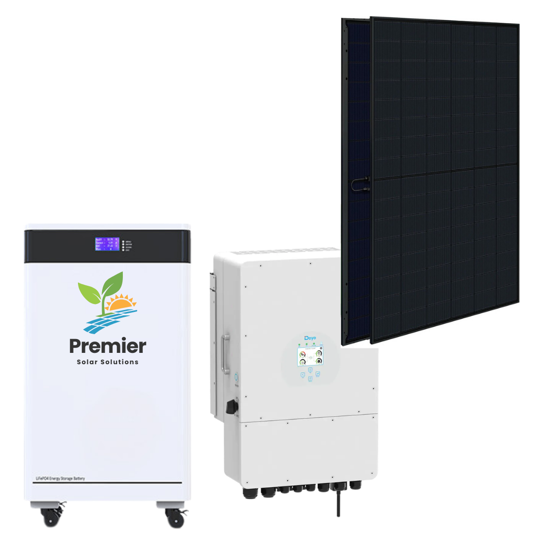 Premier Solar Solutions complete system with inverter, panels, and batteries